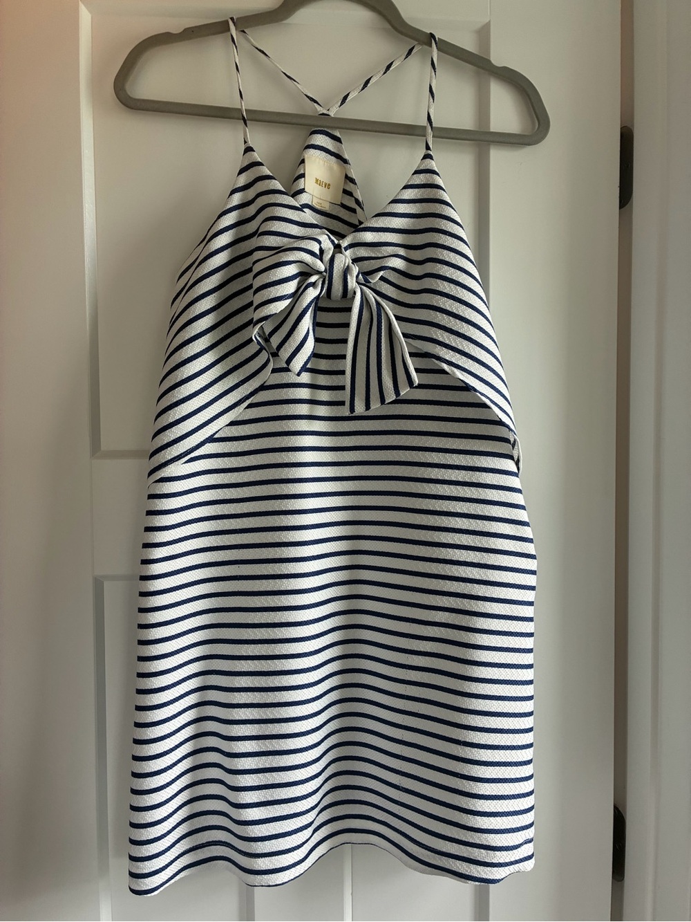 Maeve Navy and White Striped Mini Dress with Front Knot